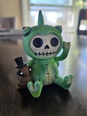 Green Monster Skeleton Figurine with Cockroach Sidekick